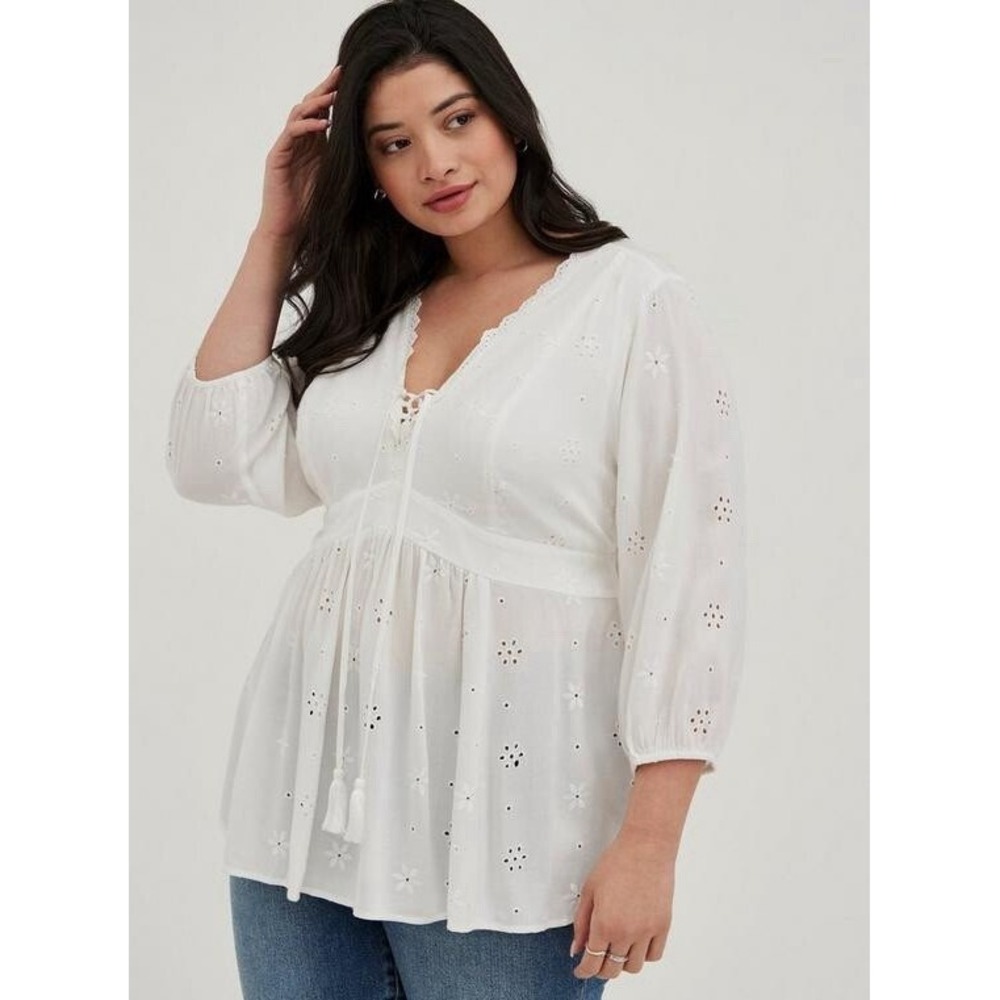Torrid Eyelet Lace Up Babydoll Peplum Blouse Top 3X Boho Angelic Spring Ethereal